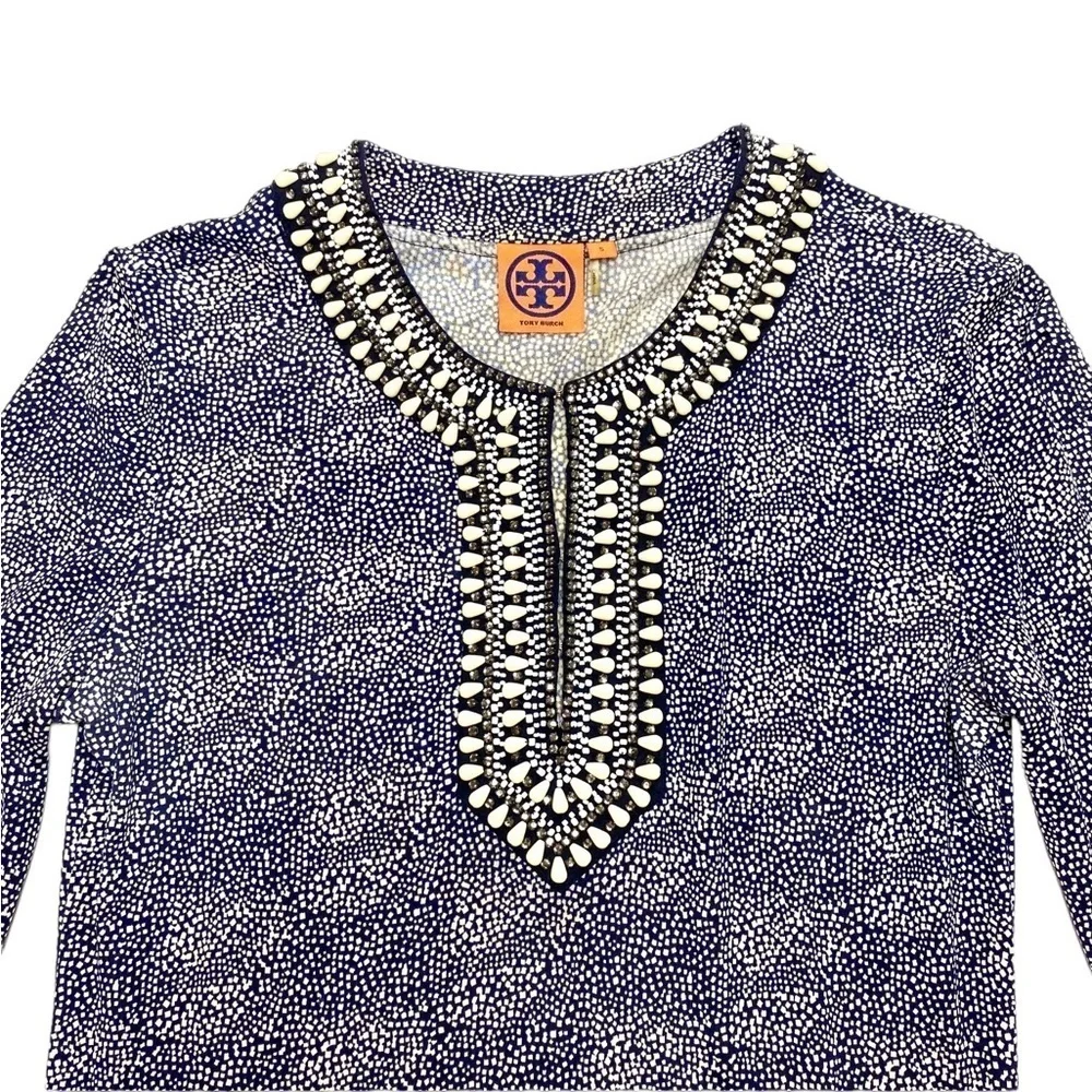 TORY Burch Silk Beaded Neck Dots Print Tunic Top in Blue Size S